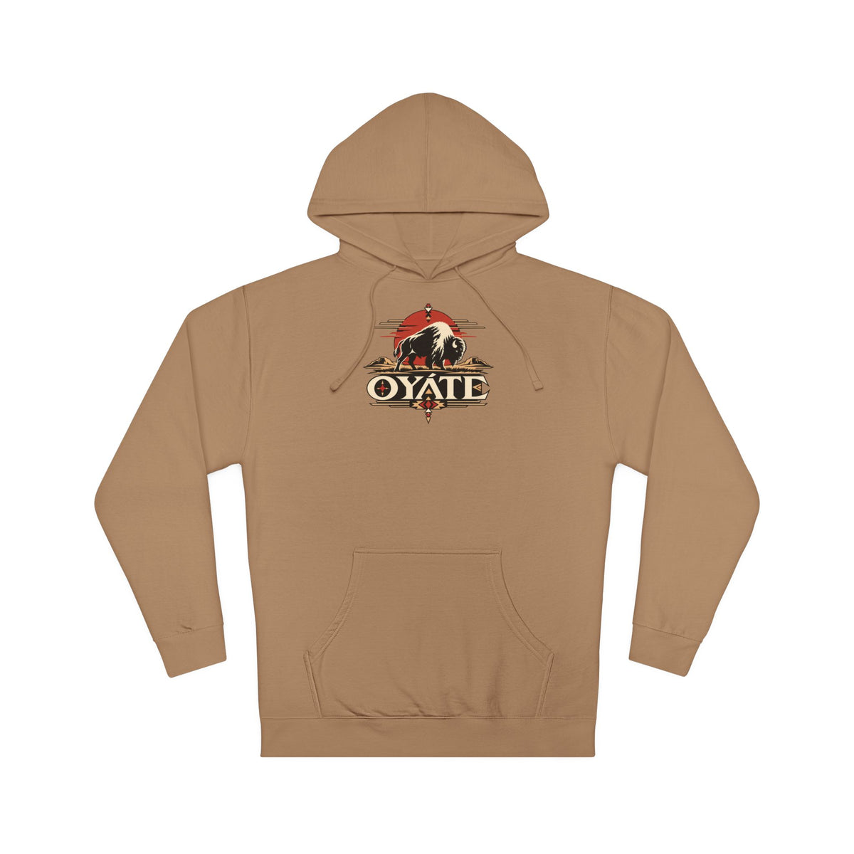 Tan OYÁTE Dark Buffalo v2 pullover hoodie, front view