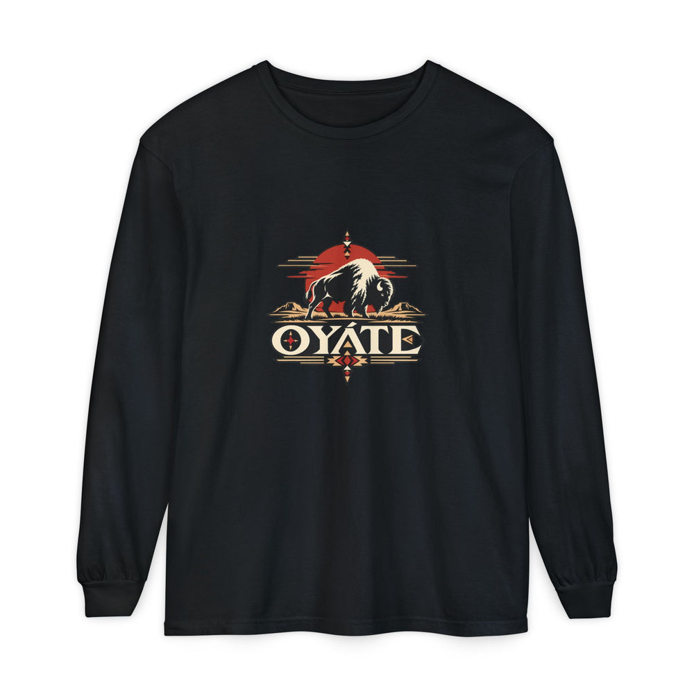 Black OYÁTE Dark Buffalo v2 long sleeve tee, front view