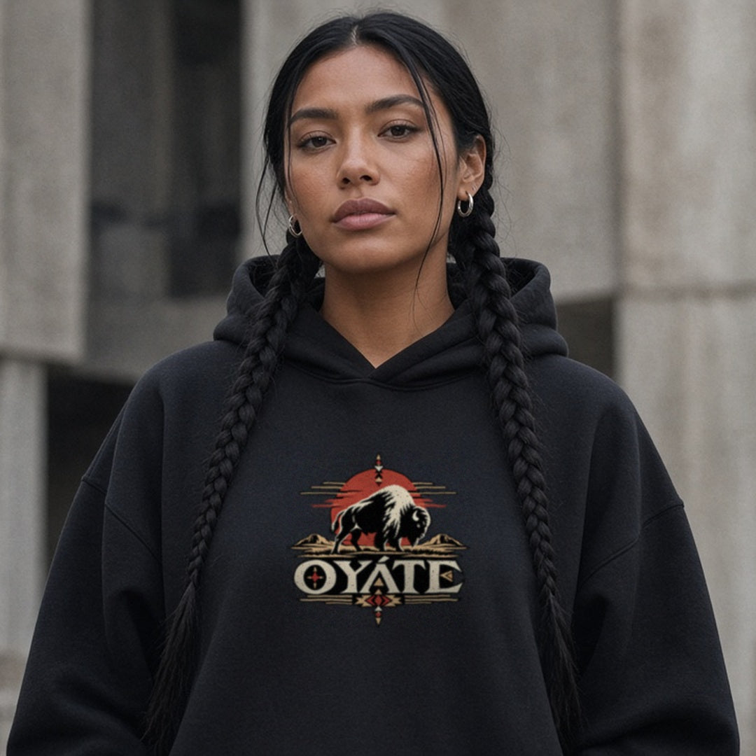 Model wearing the OYÁTE Dark Buffalo v2 pullover hoodie in black