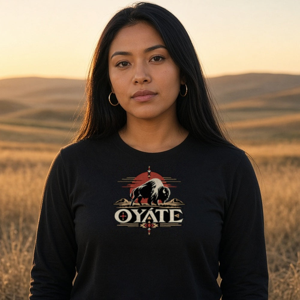 Model wearing the OYÁTE Dark Buffalo v2 long sleeve tee in black