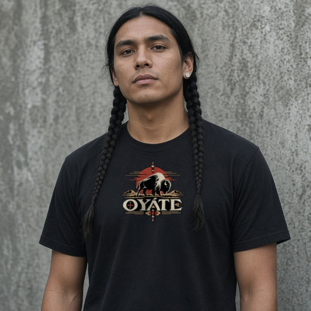 Model wearing the OYÁTE Dark Buffalo v2 premium tee in black