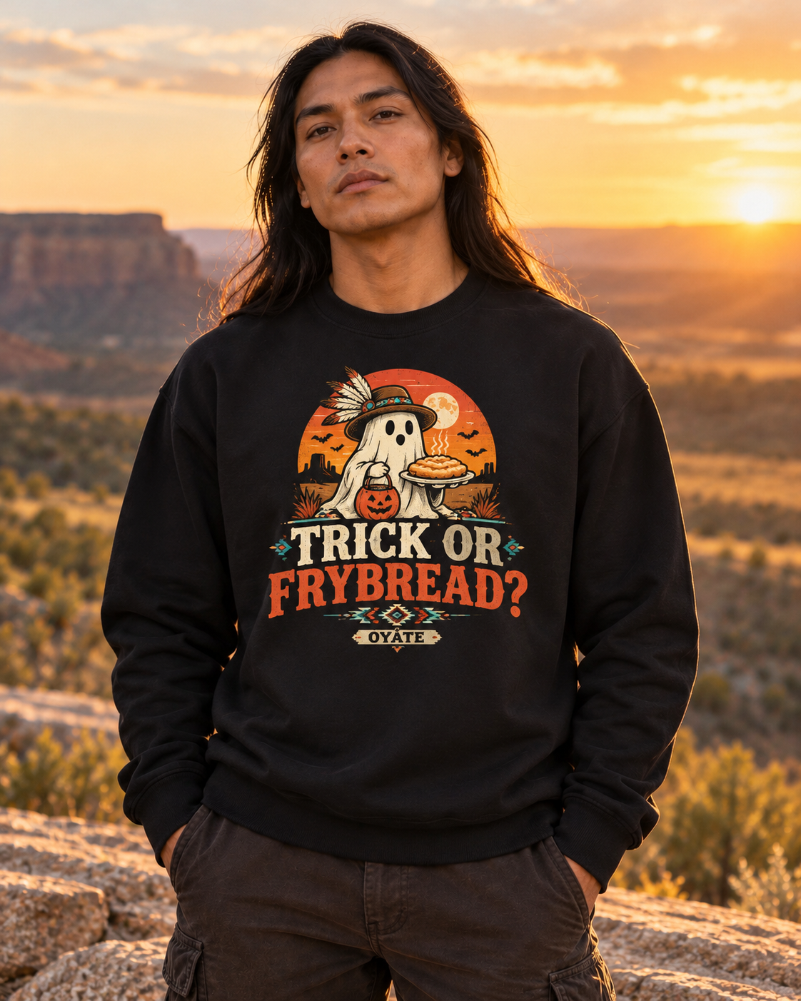 Model wearing OYÁTE Trick or Frybread crewneck sweatshirt in golden hour light